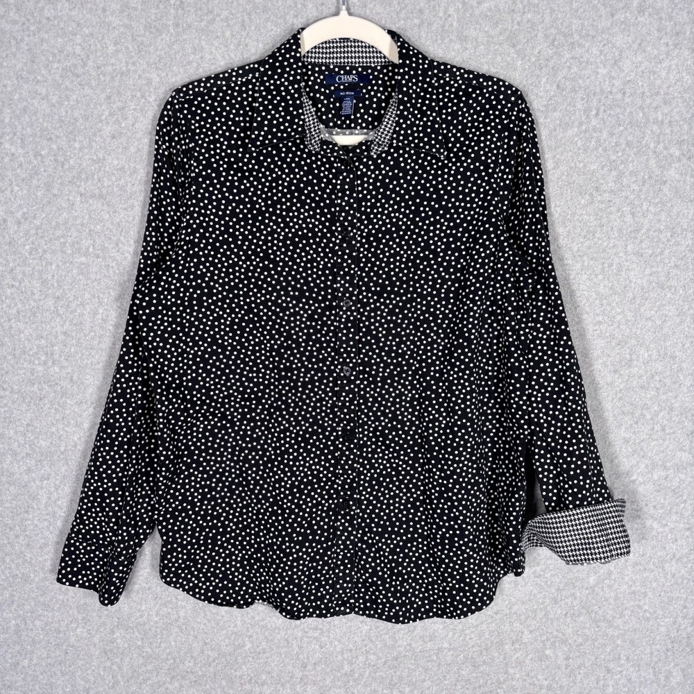Chaps No Iron Cotton Button Down Shirt Large Black White Polka Dot Houndstooth